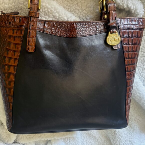 Brahmin Croc-embossed Brown Leather Black Body Suede Interior Gold Hardware EUC - Picture 3 of 13